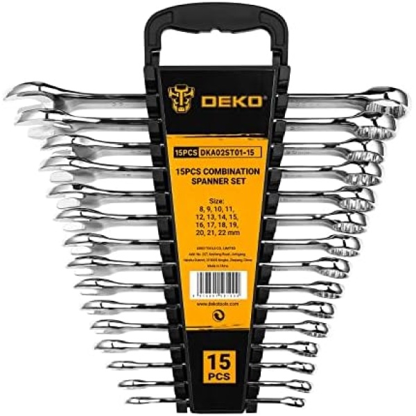 DEKOPRO Combination Wrench Set, Metric, 15-piece, 8-22mm, 12-Point, Chrome