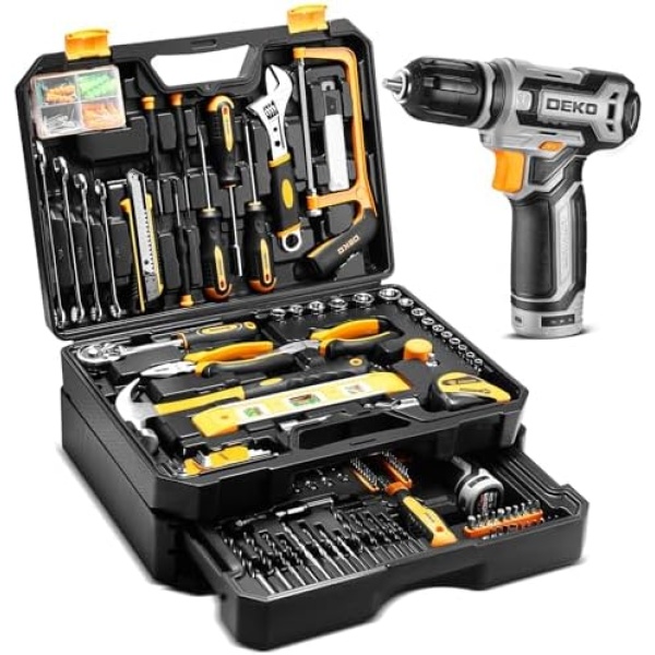 Tool Kit Box Drill Set：DEKOPRO Home Mechanic Toolbox with 12V Power Cordless